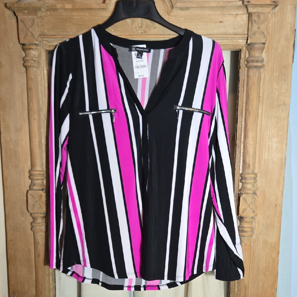 INC Women's Striped Top - Black, White, Pink In Size XL